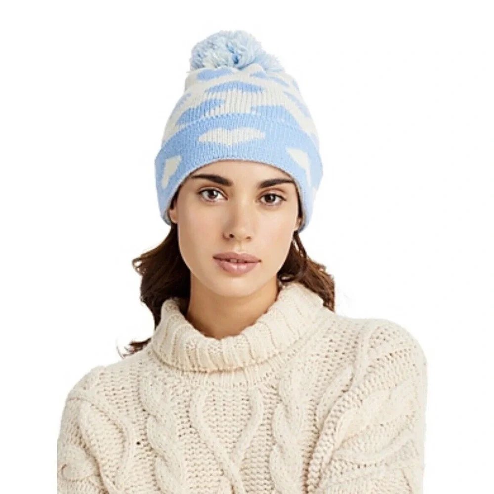Heart Jacquard Cuffed Hat Blue New